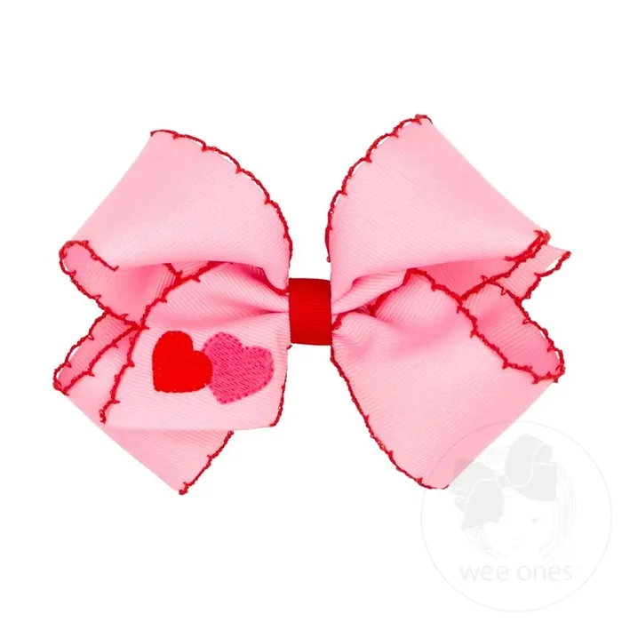 Medium Valentine Heart Embroidered Grosgrain Hair Bow with Moonstitch Edge (Pink)