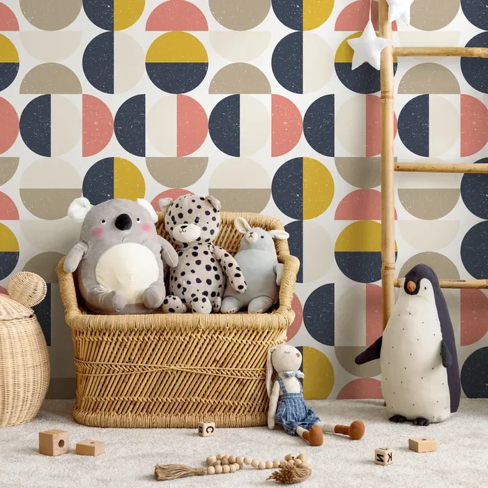 Mid-century Modern Wallpaper With Geometric Circles In Navy, Yellow, And Pink – D991
