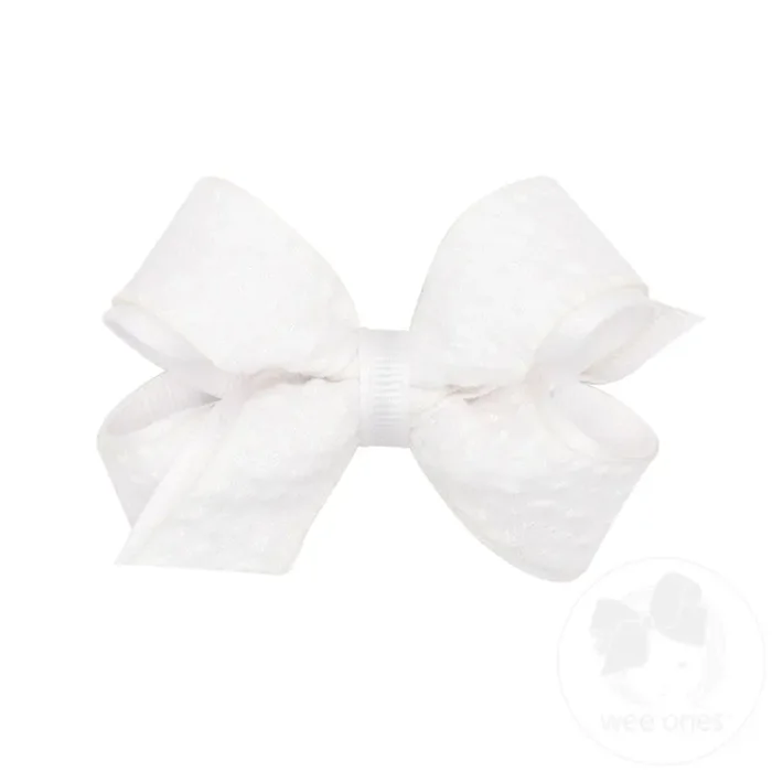 Mini Genuine Seersucker Fabric and Grosgrain Overlay Hair Bow (White)