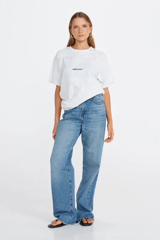Minimalist Embroidered Longline Tee – Grey Marle / Black