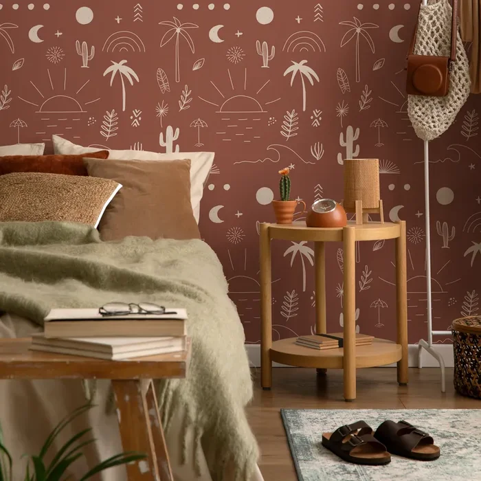 Minimalist Wallpaper With Hand-drawn Beach Motifs In Terracotta And Off-white – Zacn