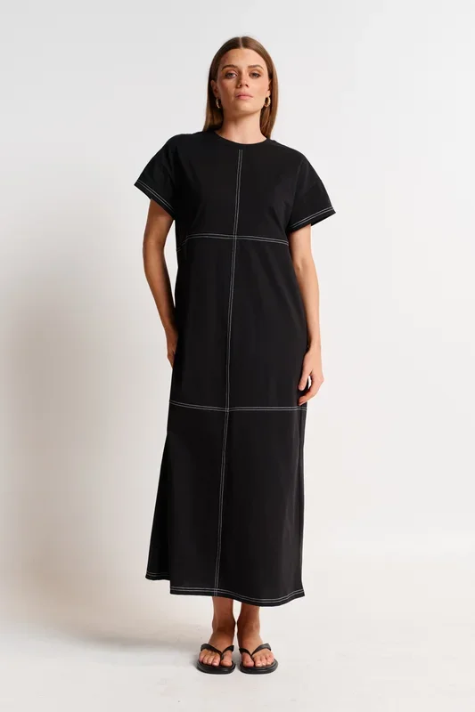 Miro Contrast Panel Midi Tee Dress – Black / White