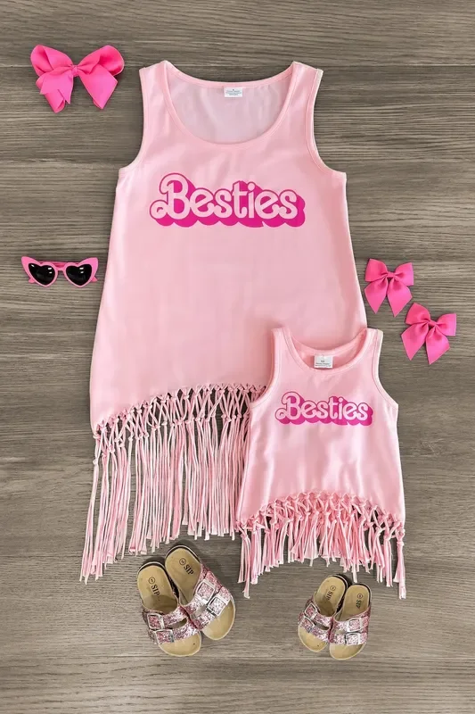 Mom & Me – “Besties ” Pink Fringe Tank Top
