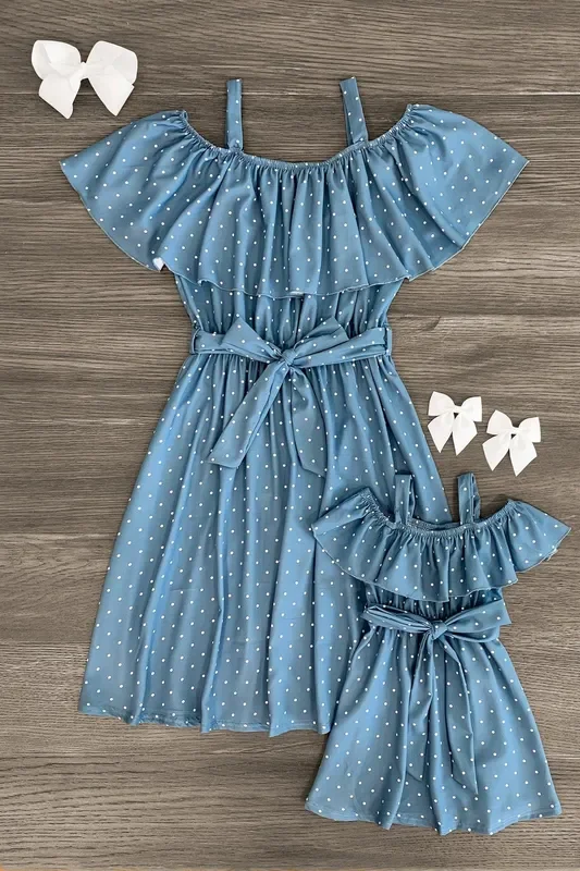 Mom & Me – Blue Polka Dot Ruffle Tie Dress