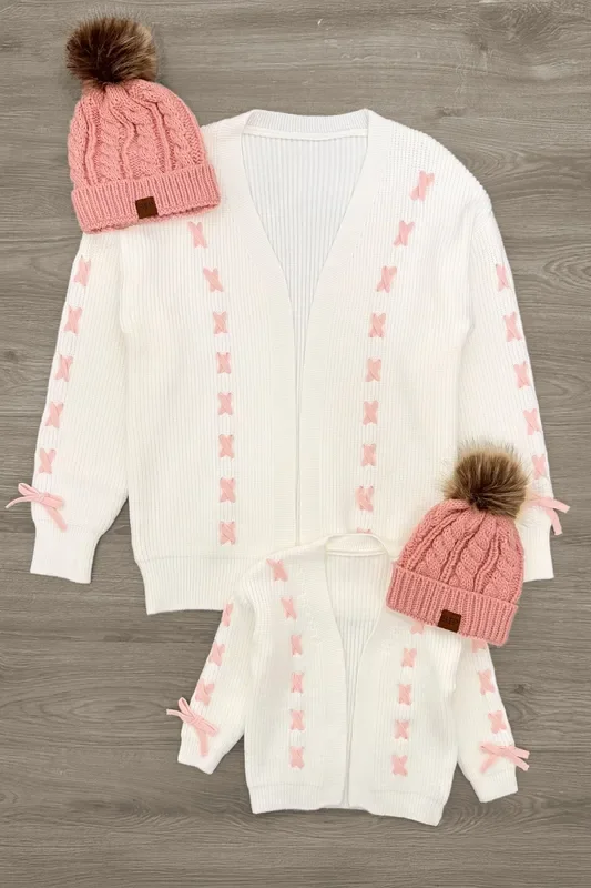 Mom & Me – Cream Lace-Up Bow Cardigan
