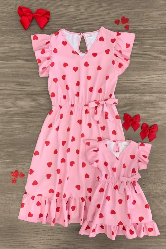 Mom & Me – Pink Heart Ruffle Dress