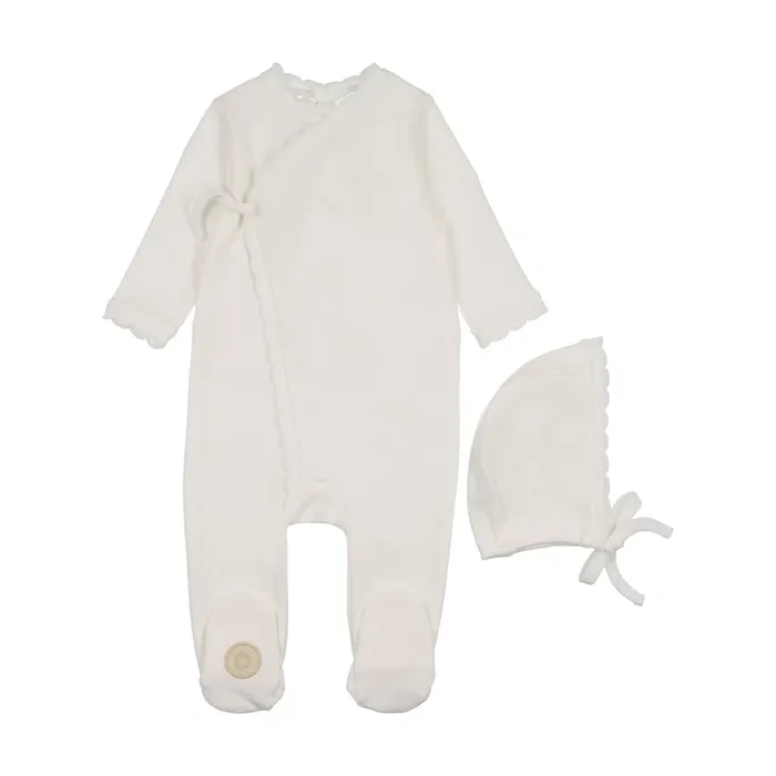 Mon Tresor Bebe Knit Trim Wrap Footie & Hat Set