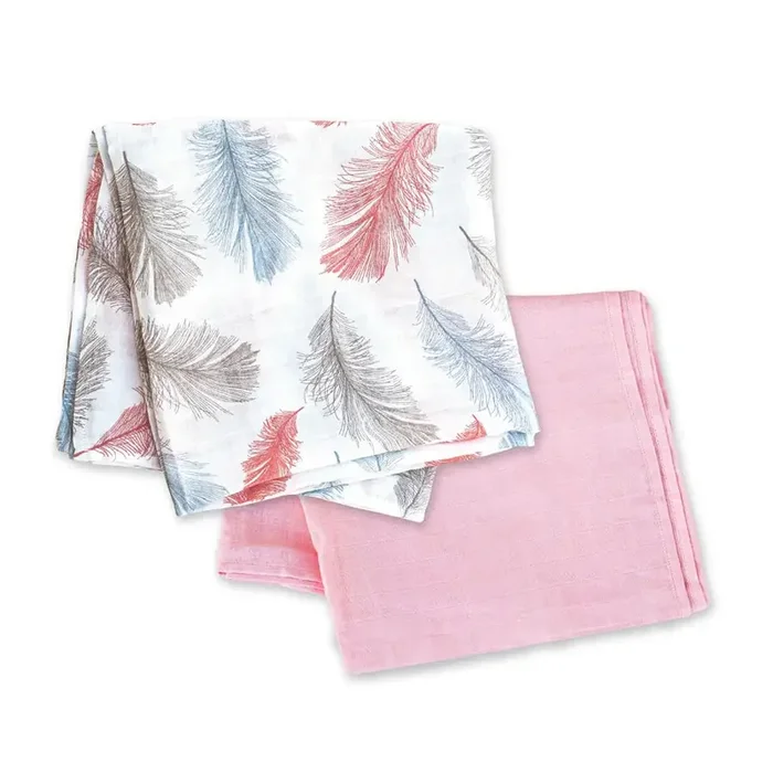 Moon – Organic Muslin Wrap/ Swaddle (Feather Print & Pink)