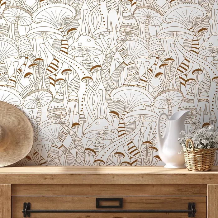 Mushroom Wallpaper With A Whimsical Line Art Motif In Brown – D811