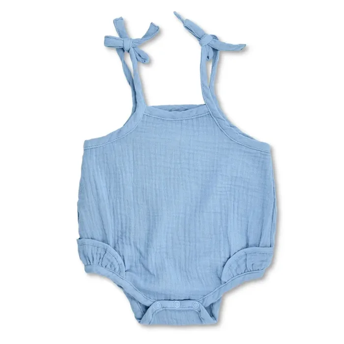 Muslin Ruffle Romper With Ties – Blue