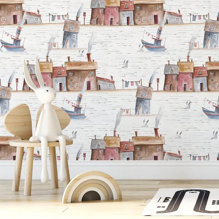 Nautical Wallpaper With A Watercolor Seaside Village In Red, Blue, And Brown – A376