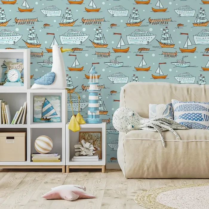 Nautical Wallpaper With Hand-drawn Ships And Boats In Blue And Orange – A166