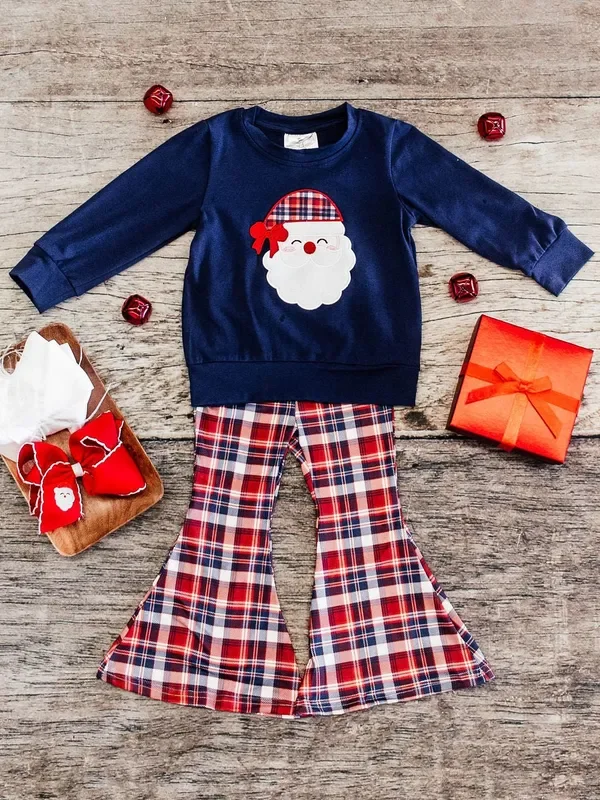 Navy Plaid Santa Girls Bell Bottom Set