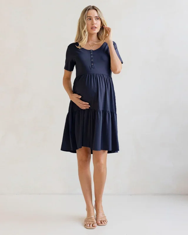 Navy Short Sleeve Maternity Tiered Dress