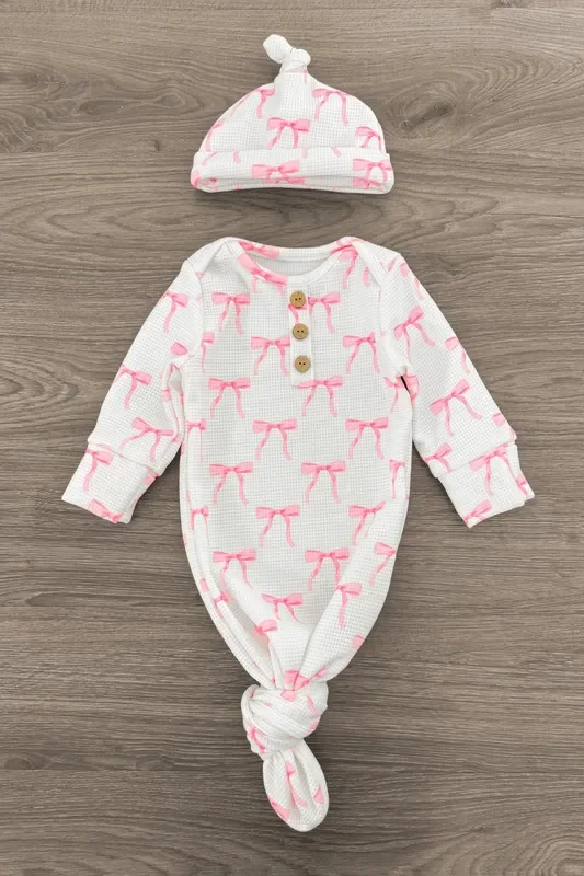 Newborn Baby Blushing Bows Waffle Knit Knot Gown & Hat Set