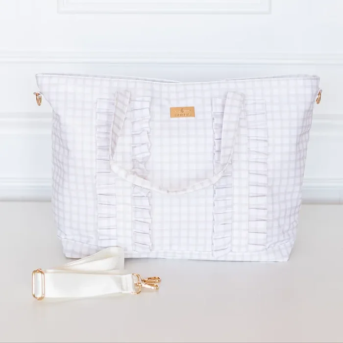 Nude Plaid Ruffled Nylon Tote Bag