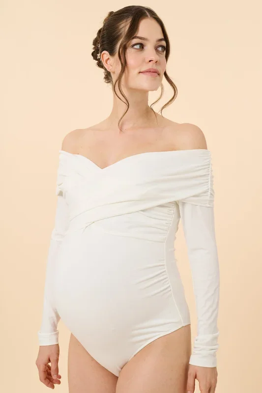 Off-shoulder long-sleeved maternity bodysuit