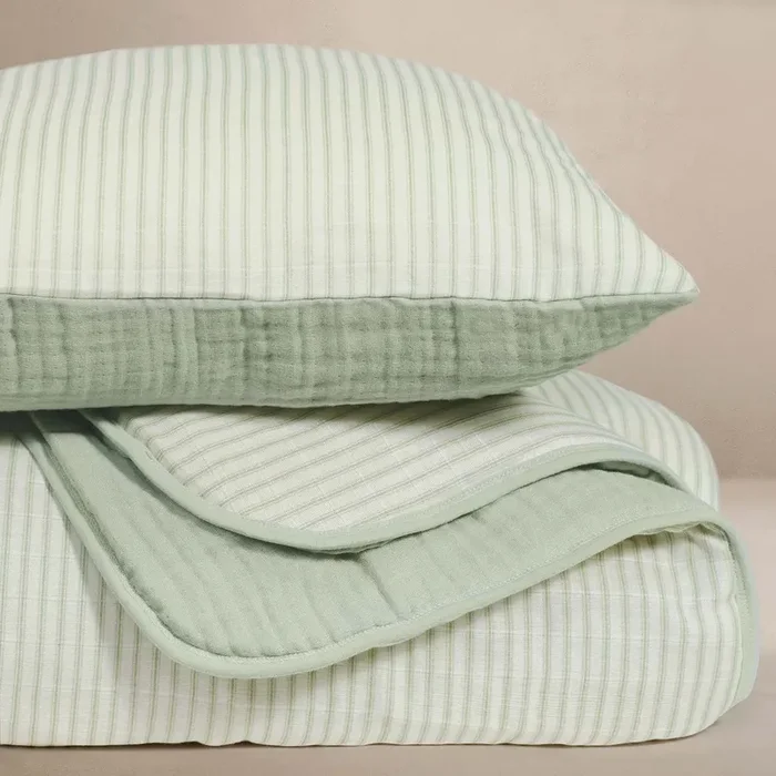 Oilo Fable Blanket- Quilt- Stripe Sea Moss & Sea Moss Organic Muslin 45 X 60 “