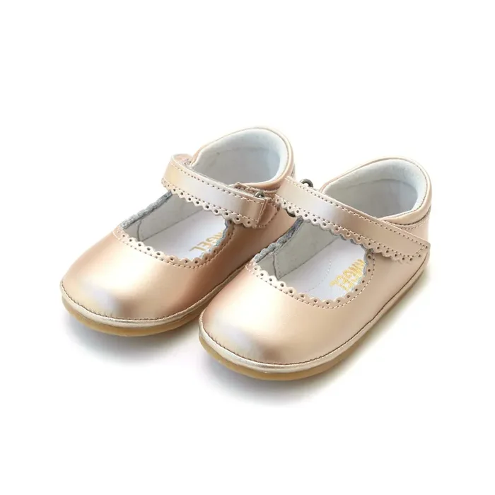Online Exclusive – Cara Pink Gold Scalloped Leather Mary Jane (Baby)