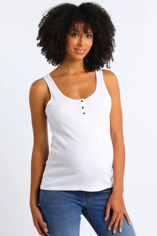Organic maternity and nursing top with button placket, white