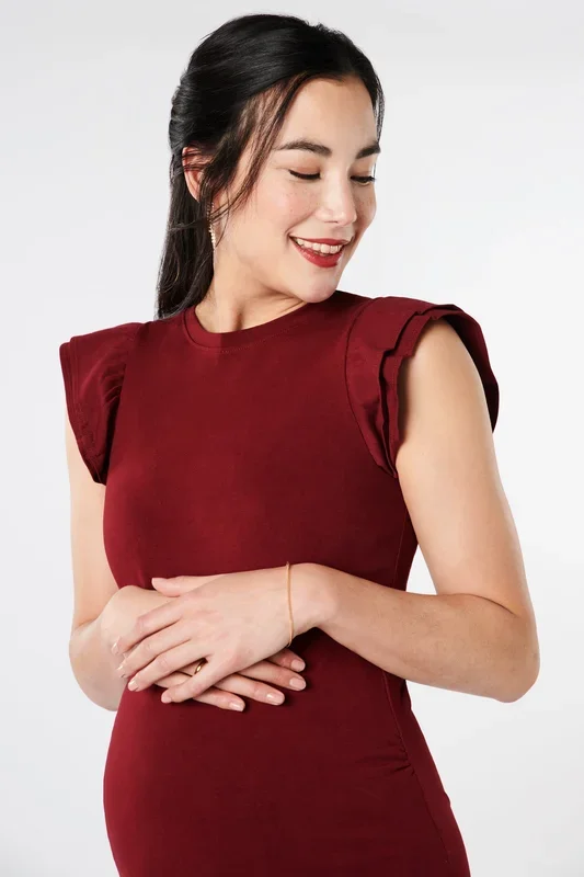 Organic maternity top with ruffled sleeves, burgundy