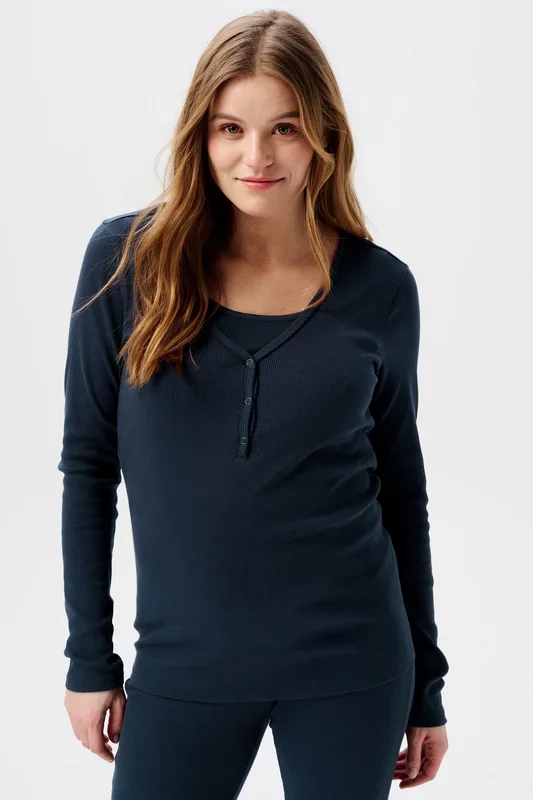 Organic ribbed long-sleeved maternity and nursing shirt, navy