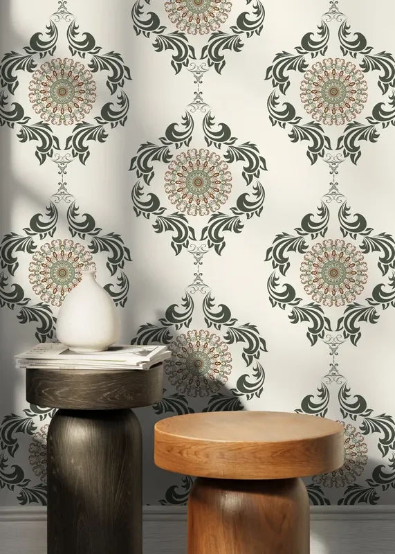 Ornamental Wallpaper With A Mandala And Scrollwork Motif In Green And Brown – D232