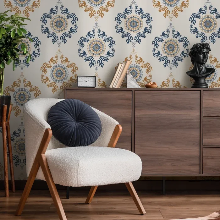 Ornamental Wallpaper With An Intricate Medallion Motif In Blue And Gold – D233