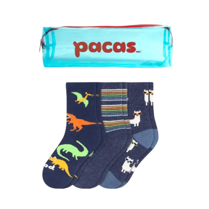 Pacas Kids’ Crew Socks 3 Pack- Dino/Stripe/Alpaca