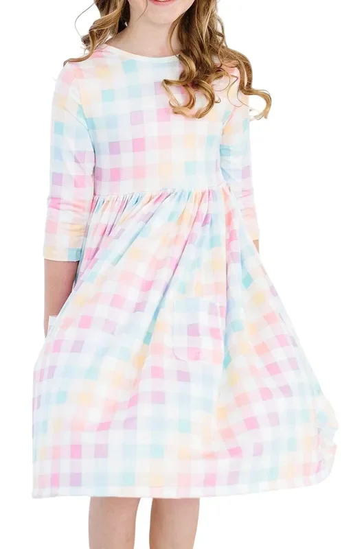 Pastel Plaid 3/4 Sleeve Pocket Twirl Dress