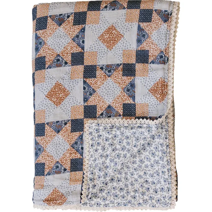 Patchwork Print + Blue Blossom Lace Twin Muslin Quilt