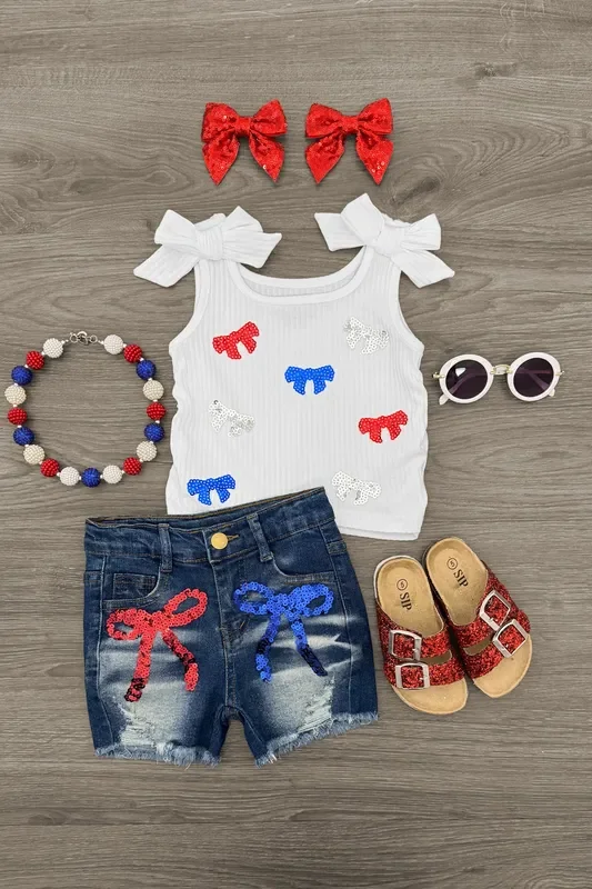 Patriotic Sequin Bow Denim Short Set