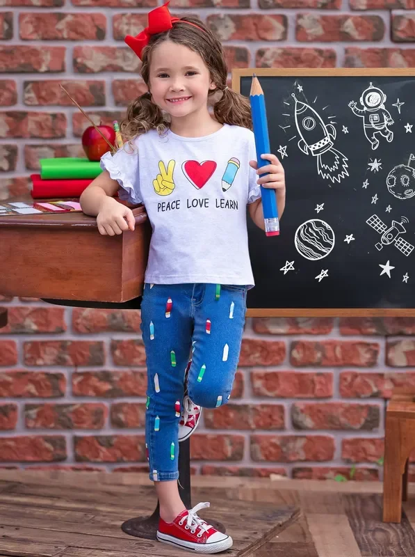 Peace, Love, Learn Pencil Applique Denim Jeans Set