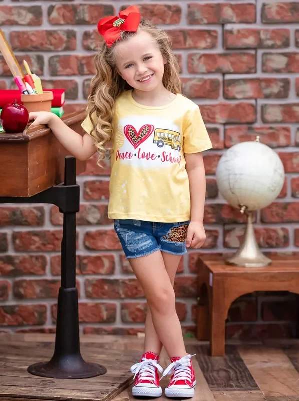 Peace, Love, School Leopard Patched Denim Short Set
