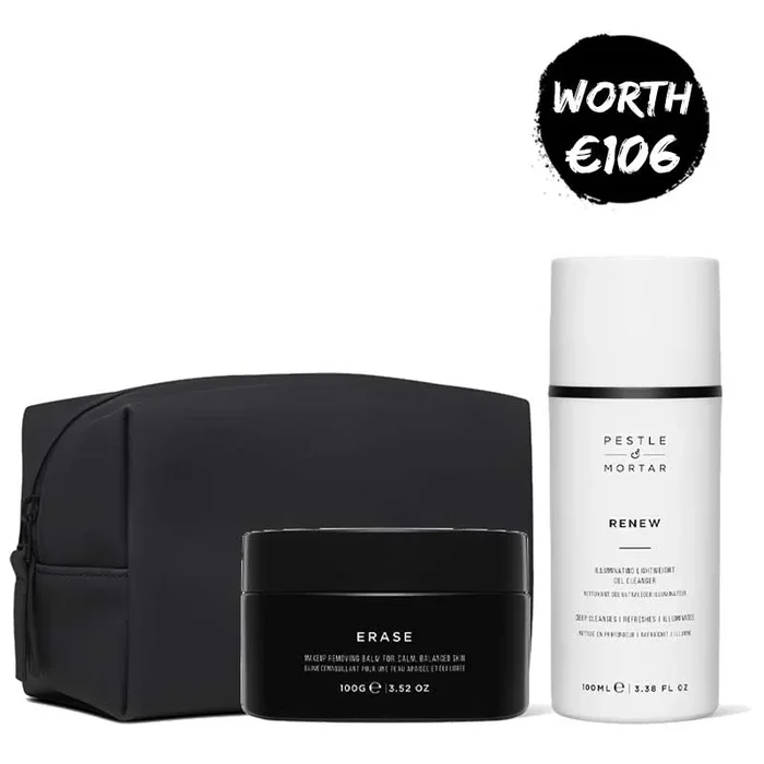 Pestle & Mortar Erase Balm, Renew Gel Cleanser + FREE Large Cosmetics Bag