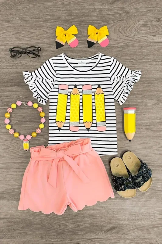 Pink Striped Glitter Pencil Short Set