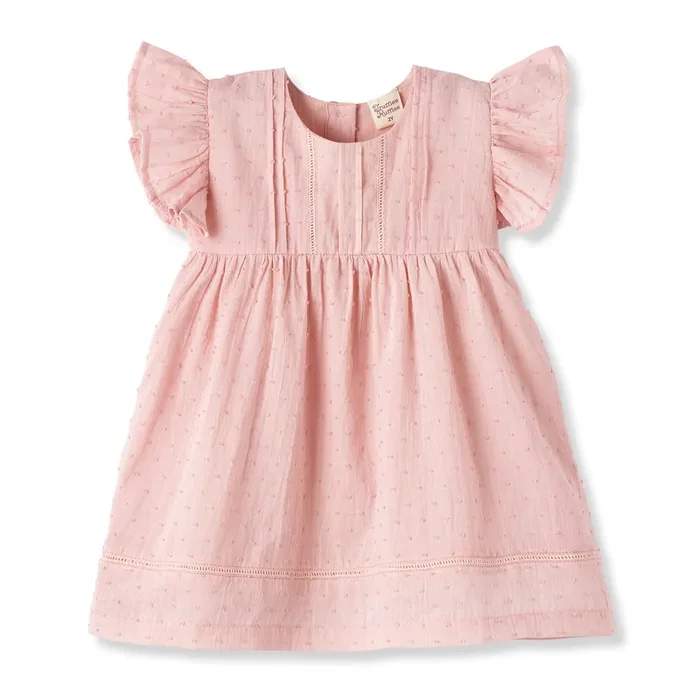 Pink Swiss Dot Cotton Dress With Flutter Sleeves