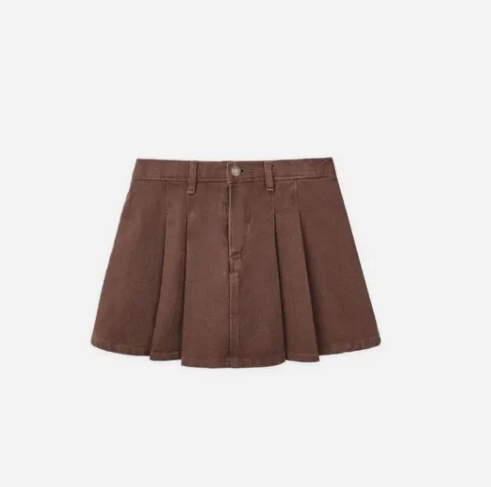 Pleated Denim Skirt | Washed Brown