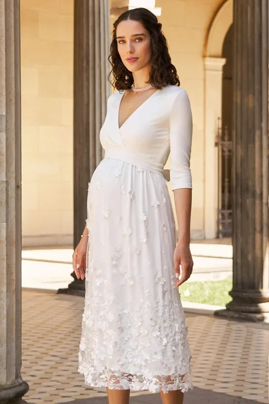 Plus Size Midi Umstandsbrautkleid mit bestickter Spitze