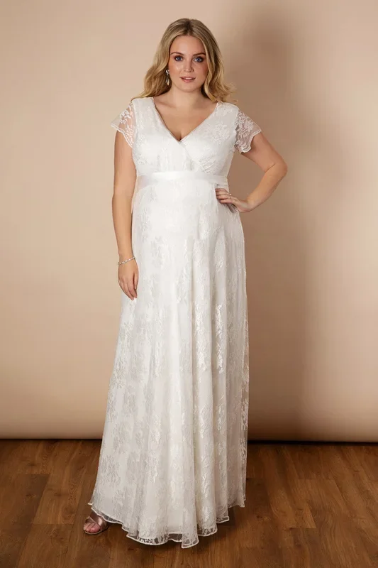 Plus Size Umstandsbrautkleid mit Cache-Coeur Ausschnitt lang