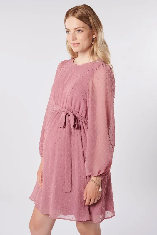 Polka dot chiffon maternity and nursing dress, dusty rose