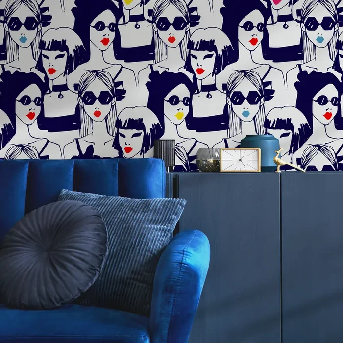 Pop Art Wallpaper Featuring Stylized Fashion Portraits In Black, Red, And Blue – B285