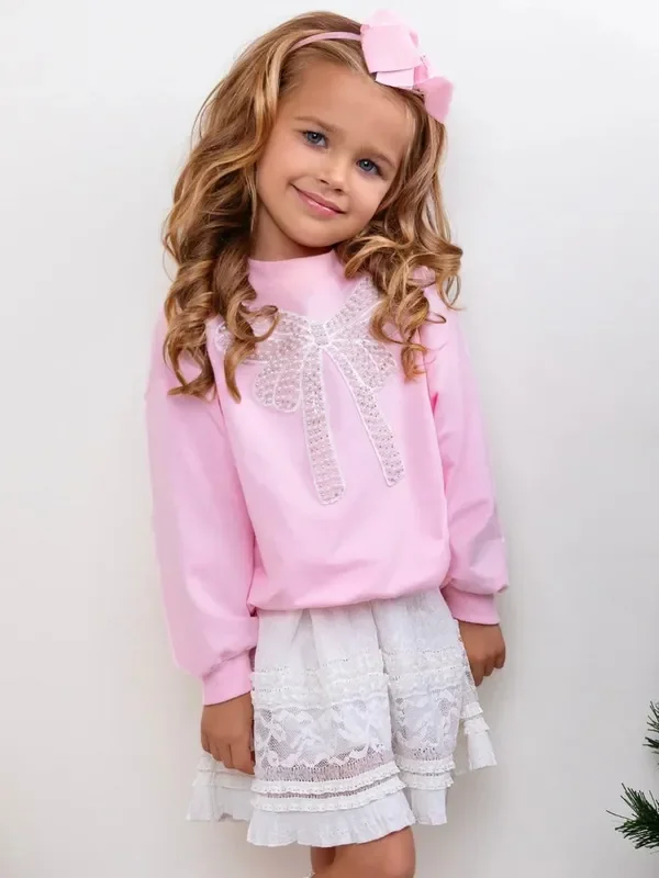 Pretty in Pink Pearl Bow Top and Lace Skirt Set