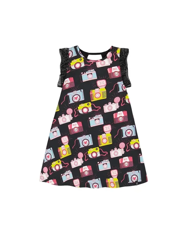 Printed Dress With Mesh Sleeves Black
