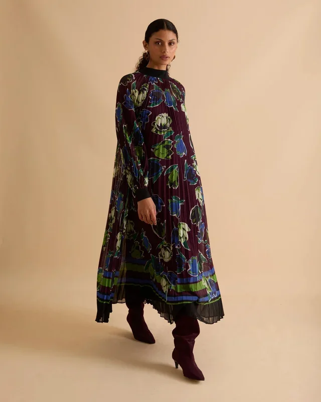 Printed High Neck Pleated Midi Dress