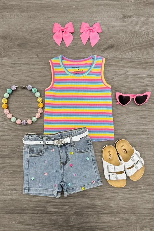 Rainbow Striped Flower Denim Short Set