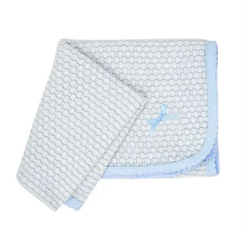 Receiving Blanket | Pinstripe | Pima Trim with Bow | Blue Gray