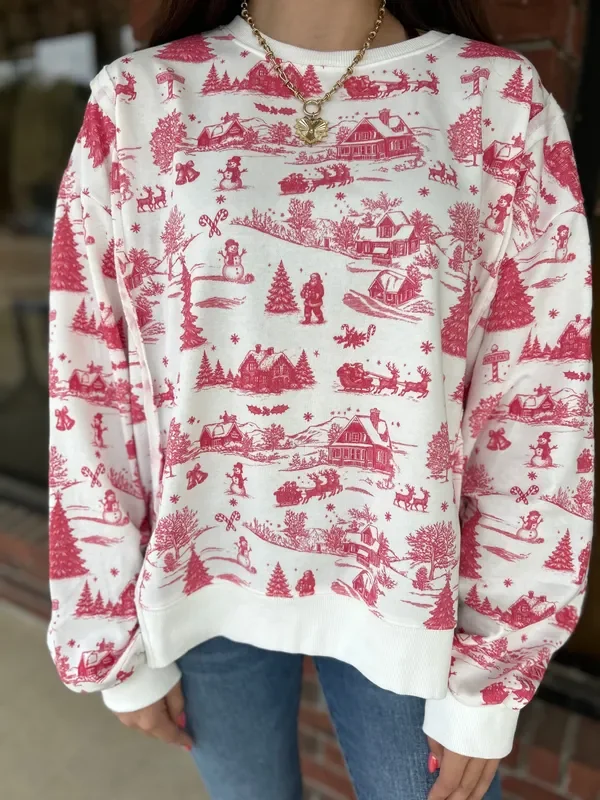 Red Holiday Toile Oversized Top