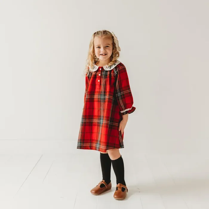Red Plaid Girl’s Christmas Dress Embroidery