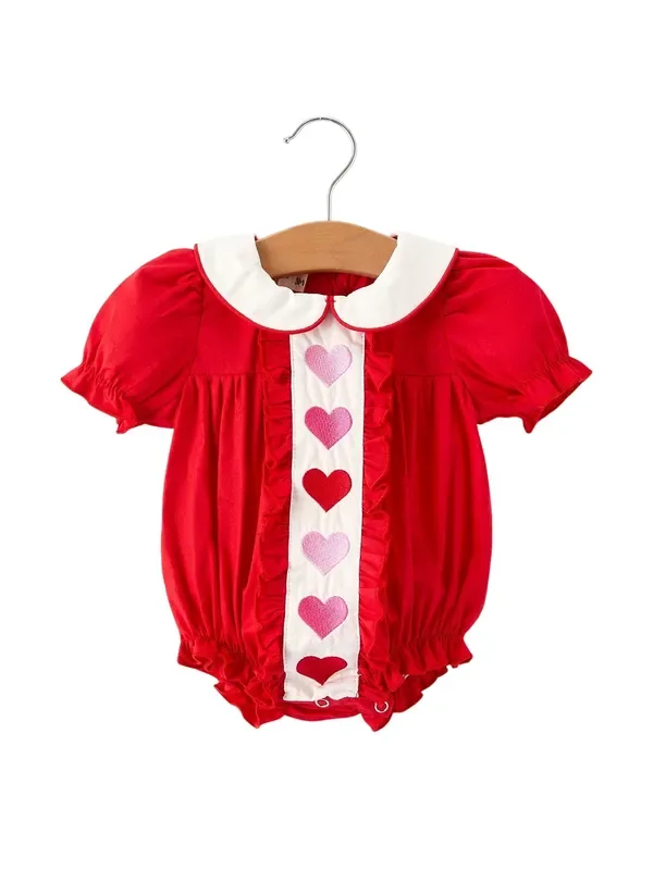 Red Ruffle Heart Embroidered Romper – Valentine Style